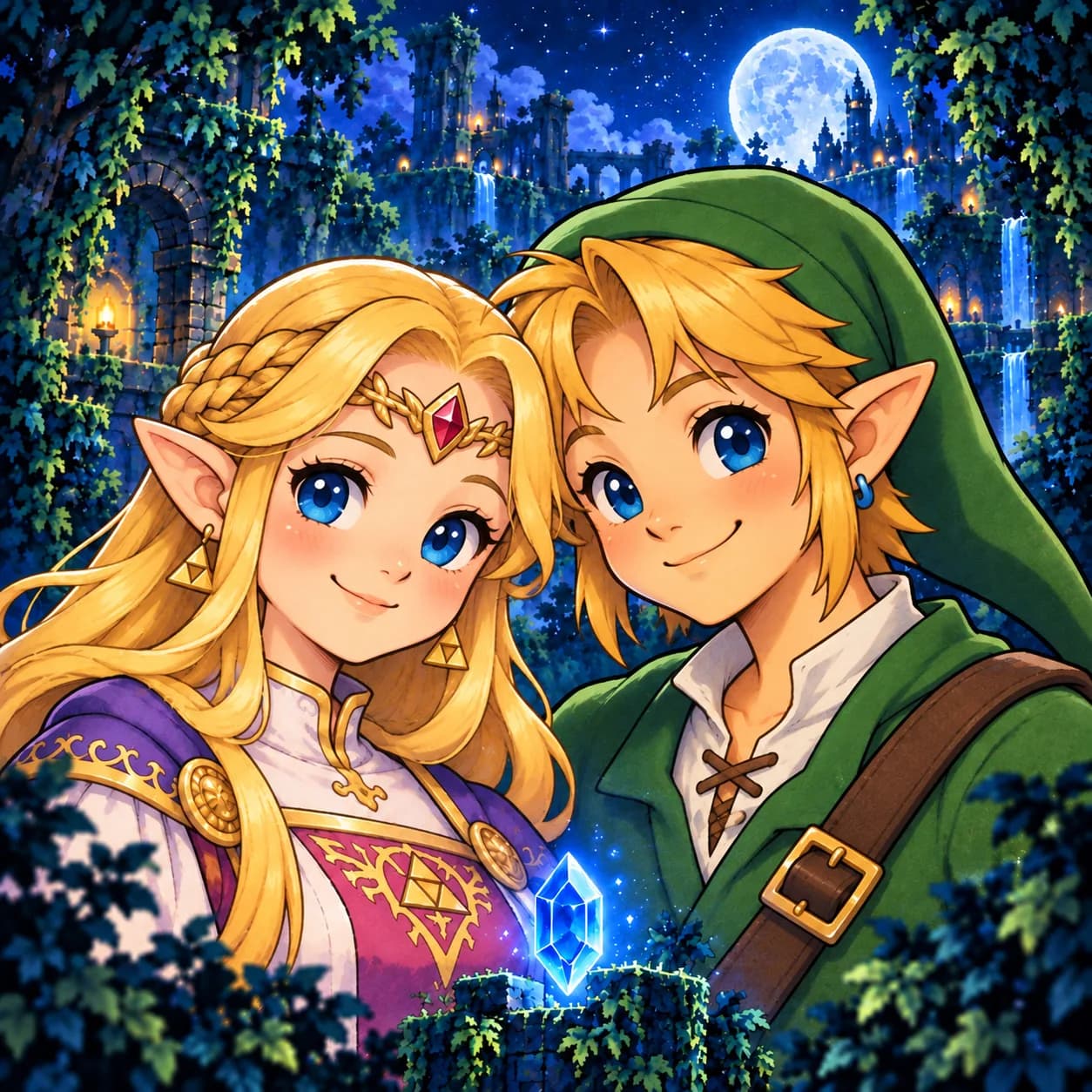 Illustrated Zelda and Link smiling beside a glowing blue crystal.